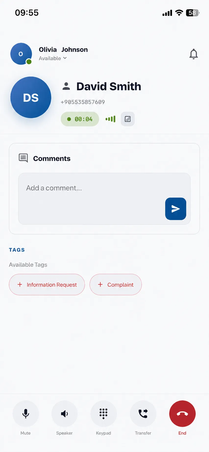 Hipcall mobile app active call — call timer, network quality, in-call comments and tags, with mute, speaker, keypad and transfer controls