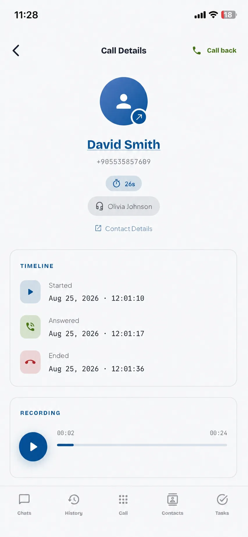 Hipcall mobile app call details — the call timeline from started to ended, the agent who handled it, and the recording player