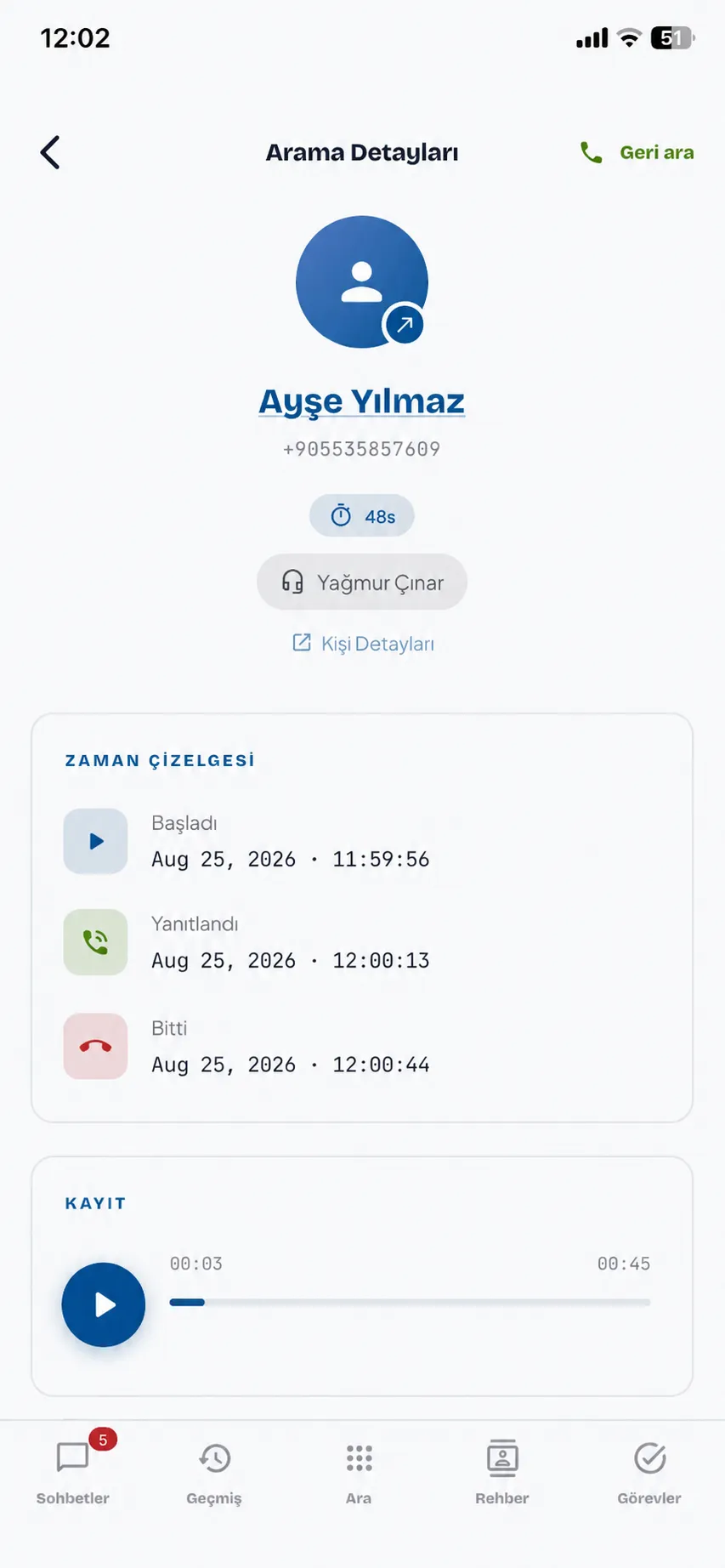Hipcall mobil uygulaması çağrı detayı — başlangıçtan bitişe çağrı zaman çizelgesi, çağrıyı karşılayan temsilci ve kayıt oynatıcı