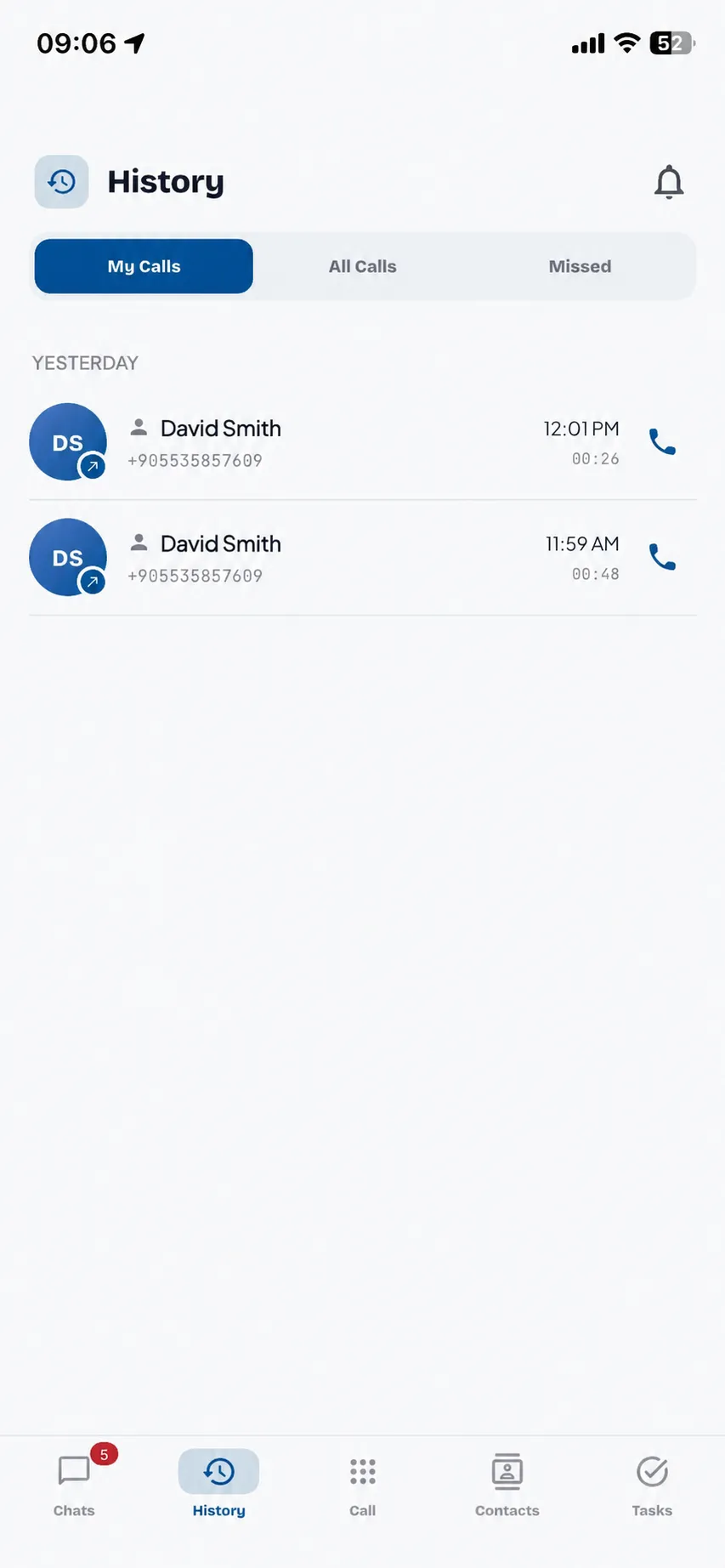 Hipcall mobile app call history — my calls, all calls and missed tabs, each entry with its duration and a call back button