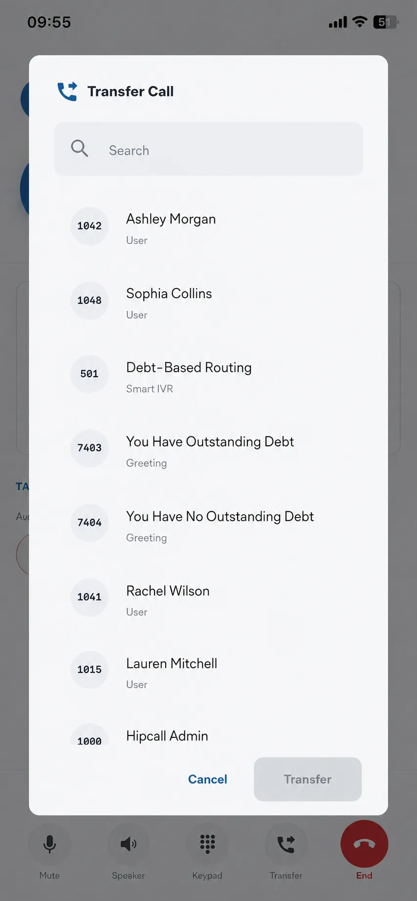 Hipcall mobile app transfer call dialog — a searchable list of teammates, smart IVRs and greetings to hand the call to