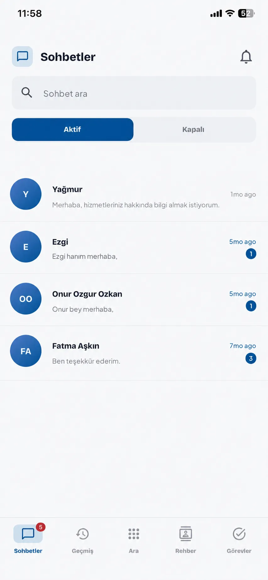 Hipcall mobil uygulaması sohbetler — aktif ve kapalı müşteri görüşmeleri, okunmamış sayaçlarıyla