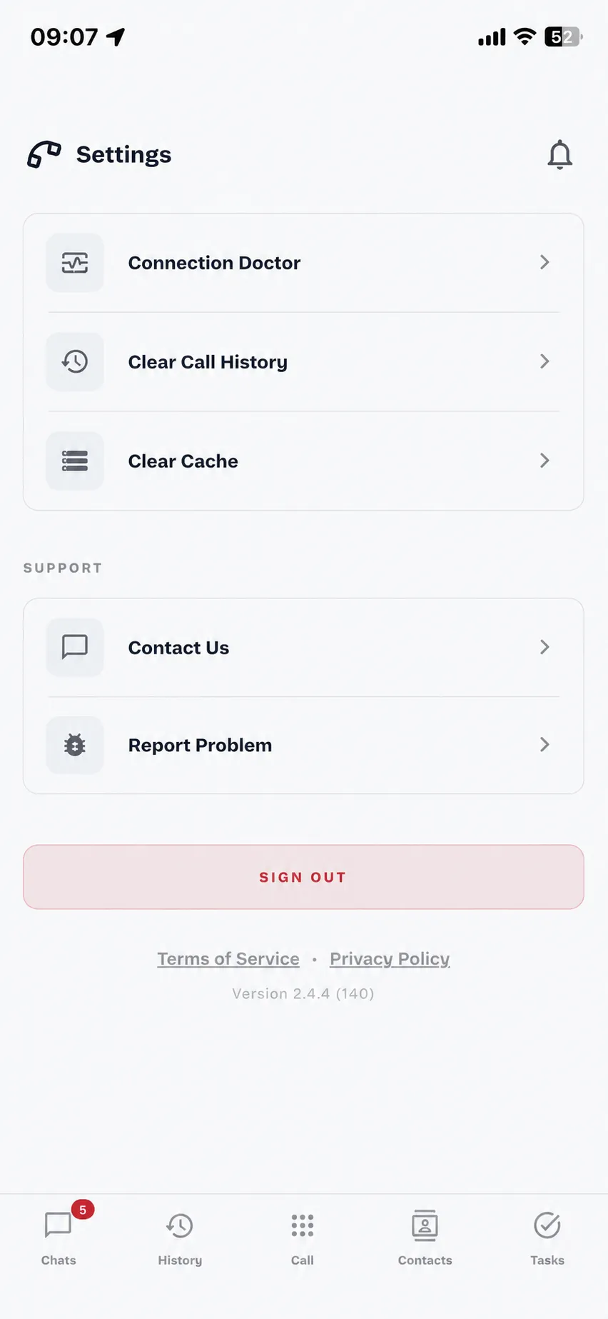 Hipcall mobile app support settings — connection doctor, clear call history and cache, contact us and report a problem