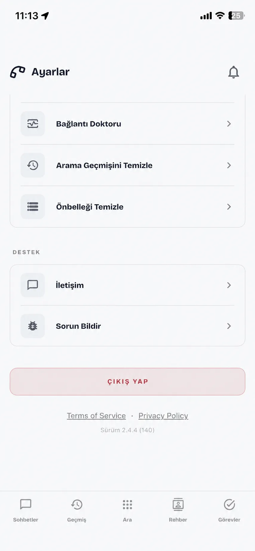 Hipcall mobil uygulaması destek ayarları — bağlantı doktoru, çağrı geçmişini ve önbelleği temizleme, bize ulaşın ve sorun bildir