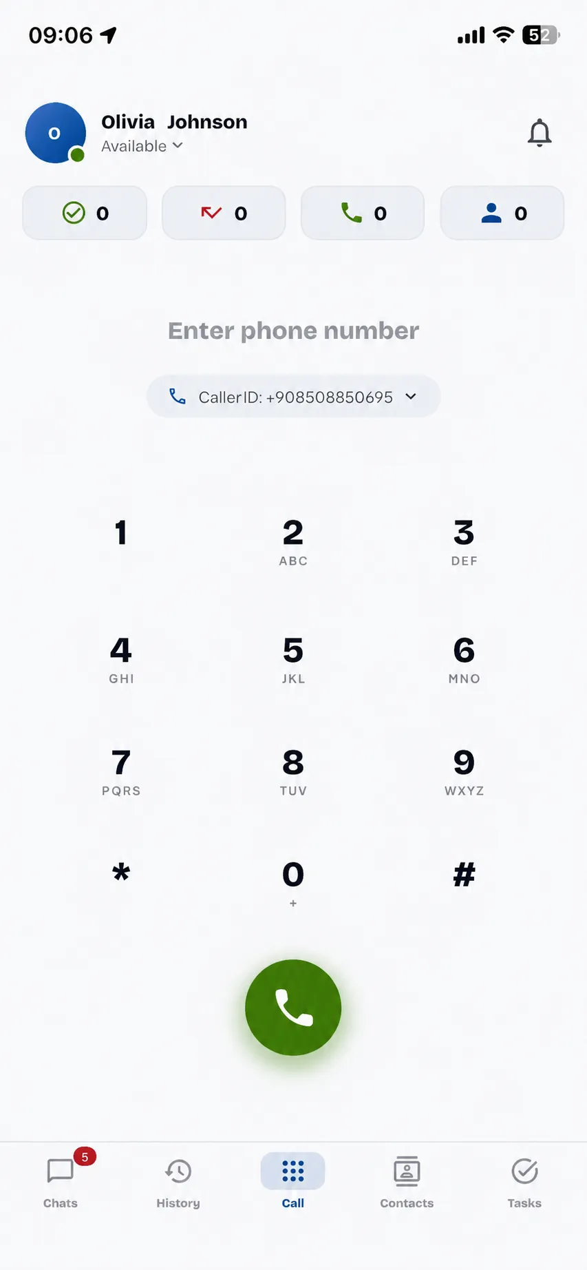 Hipcall mobile app dialpad — keypad with the outbound caller ID selector and the counters for today