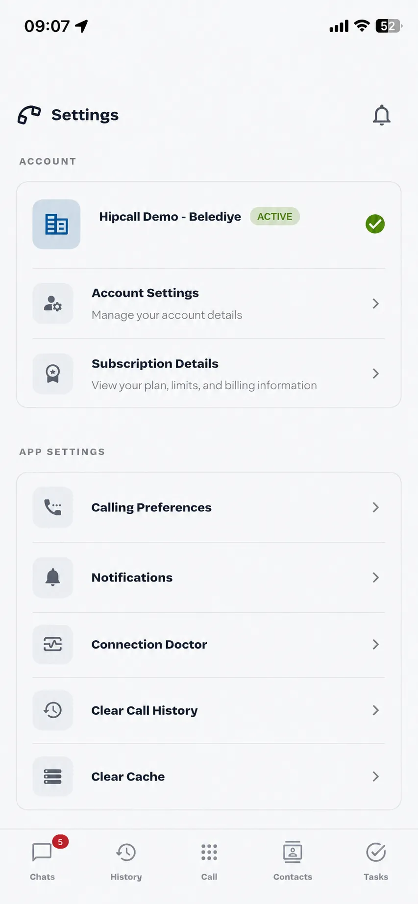 Hipcall mobile app settings — account and subscription details, calling preferences, notifications and connection doctor
