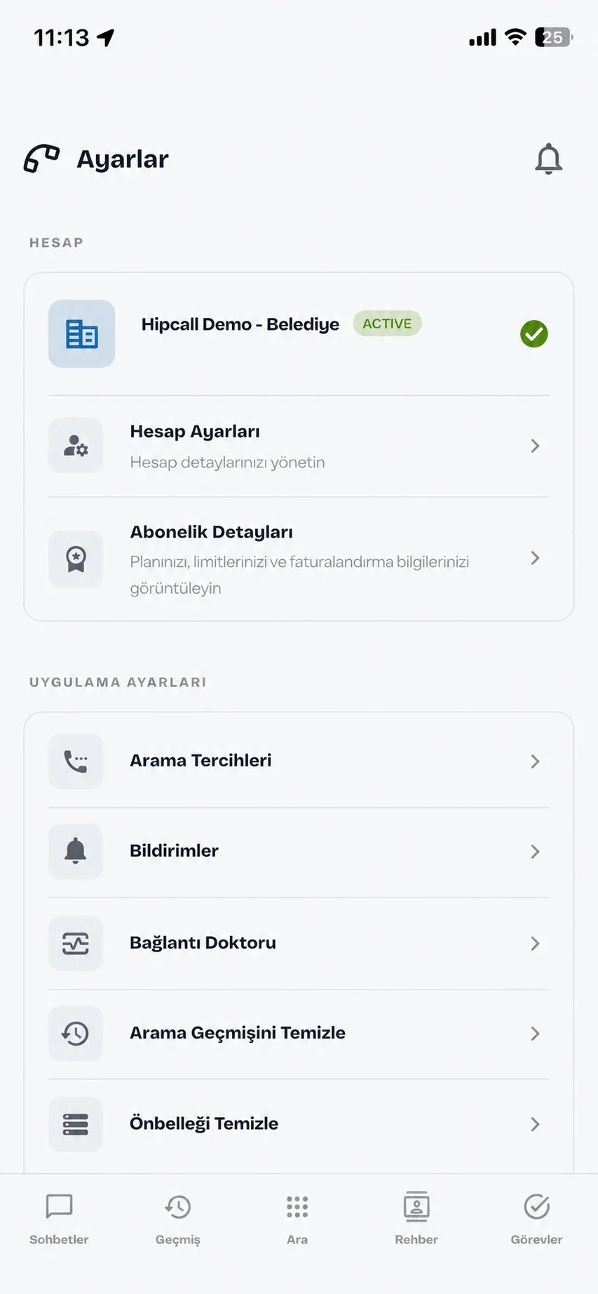 Hipcall mobil uygulaması ayarlar — hesap ve abonelik bilgileri, arama tercihleri, bildirimler ve bağlantı doktoru