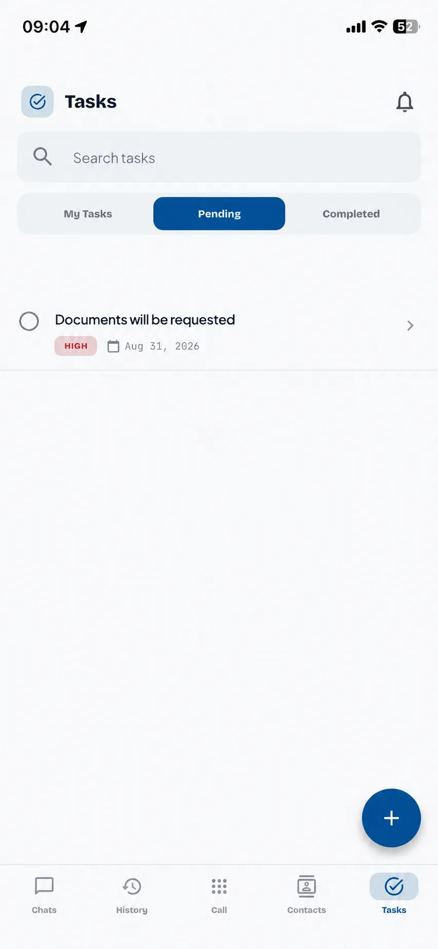 Hipcall mobile app tasks — my tasks, pending and completed tabs, with a priority label and due date on each task