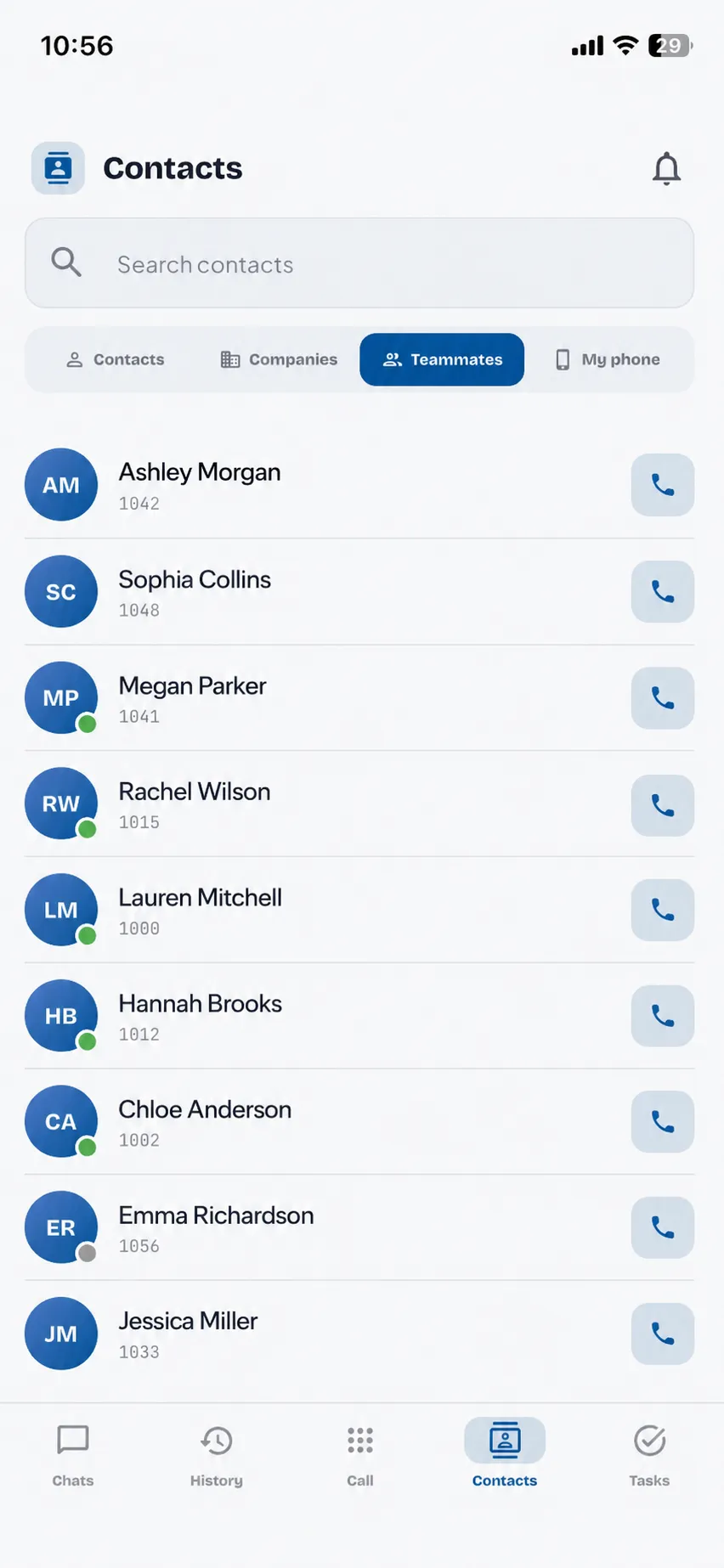 Hipcall mobile app teammates list — extension numbers with live presence dots and a call button on every row